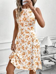 SHEIN Clasi Váy nữ họa tiết hoa cổ tròn xếp ly phong cách thường ngày không tay - trái cam - Xem 4