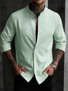 Manfinity Homme Men Stripe Print Button Front Casual Long Sleeve Shirt For Boyfriend Gift, For Fall Ceremony - Green - View 4