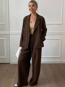 Livesso Solid Color Minimalist Casual Linen Vacation Style Blazer Suit Set For Women, 2 Pieces Office Dark Brown Autumn - Coffee Brown - View 5