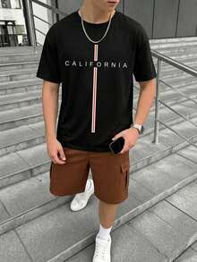 SHEIN 青少年男孩 2件組 CALIFORNIA 垂直條紋圖案圓領短袖T恤與工裝短褲套裝，適合節慶、派對、春夏、休閒舒適，夏季穿著理想，時尚街頭風，適用戶外野餐、街拍、校園、假期、禮物 - 彩色 - 查看 8