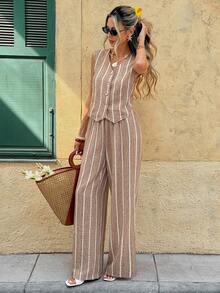 SHEIN Frenchy Women V-Neck Sleeveless Front Button Striped Casual Summer 2 Pieces Set - Khaki - View 4