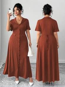 Elenzga Vestido Maxi Elegante para Mujer Talla Grande, unicolor, Cuello Solapa, Cintura Ceñida, Decoración de Botones, Falda Línea A, Lazo en la Espalda, Manga Corta, Estilo Conmutador - Óxido marrón - Ver 4
