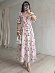 Modelyn 女款春夏季藍色水彩印花收腰A字版型布料鈕扣短袖優雅浪漫洋裝 - 粉色 - 查看 3