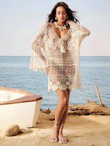 Breezaya Women's Handmade Crochet Hollow Knit Fabric Loose Mid-Length Cover-Up Dress Deep V-Neck Flare Sleeve Design Bohemian Sexy Vacation Style Golf White - Apricot - View 5