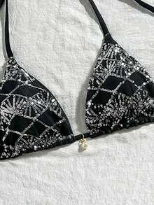 Costavie Swim Basics 1件式上衣 春夏海灘度假 亮片紋理面料 珍珠裝飾 綁脖三角杯性感比基尼上衣 - 彩色 - 查看 3