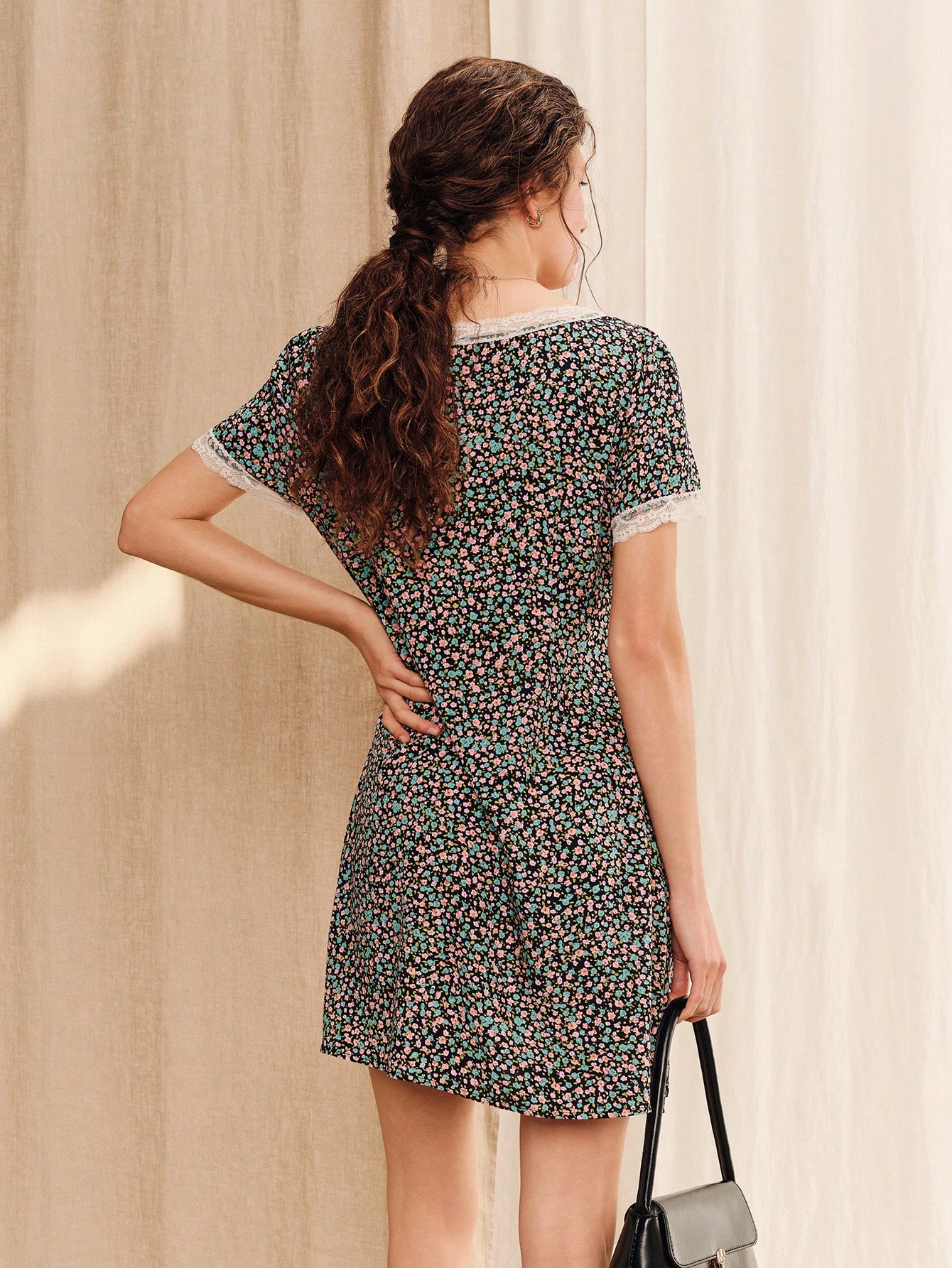 Black V-Neck Floral Mini Dress Summer Holiday Work Dress Vintage French Dress