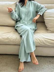 DAZY 2pcs/Set Loose Cardigan Long Sleeve Straight Leg Long Pajama Pants Spring Outfit Women's Sleepwear Set - Green - View 4