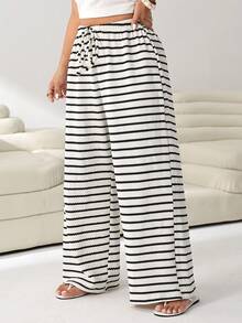 Solflare Pantalones casuales con cordón a rayas blancas y negras, versátiles para otoño/invierno, talla grande - Multicolor - Ver 3