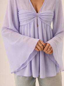 Willow Rêve Waist Pleated Flowy Long Purple Chiffon V-Neck Long Sleeve Blouse For Women - Dusty Purple - View 4