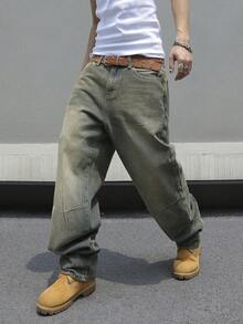 Manfinity EMRG Men's Fashionable Loose Fit Jeans,Vintage Distressed Design Green Summer Streetwear City Break Baggy Long Cargo Plain Blue Rapper Street College Sport - Blue - View 3