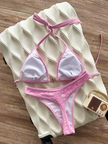 Swim Mod Women's Summer Beach Vacation Pink Floral Texture Halter-Neck Bikini Swimsuit Set,Starfish-Decorated Backless Swimsuit Two-Piece Outfit Tropical - Pink - View 2