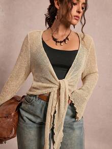 Freevana Plus Size Women's Lace-Up Ruffle Cuff Knit Cardigan Fall - Apricot - View 5