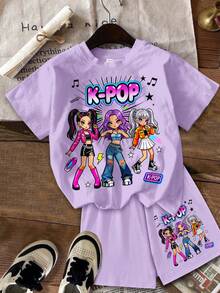 Young Girl Round Neck Letter Cartoon Print Short Sleeve T-Shirt And Shorts Casual Daily Set - Multicolor - View 3