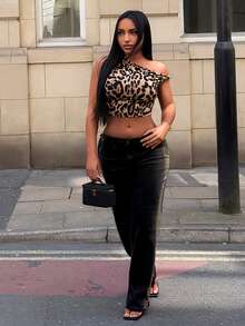 SHEIN SXY Leopard Print One Shoulder Twist Knot Elastic Bodycon Top Summer Holiday Beach Casual Fairy Flowy Sexy Boho Birthday Bachelorette Party Women - Multicolor - View 9
