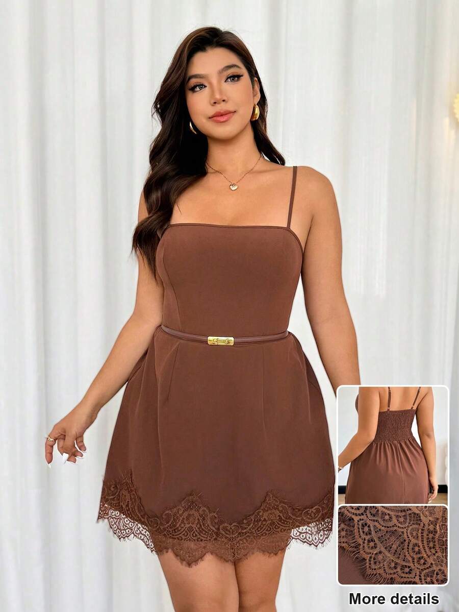 Easura Plus Size Women's Spaghetti Strap Cropped Contrast Lace Dress, Brown, Elegant & Fashionable For Dates And Outings, Versatile - Coffee Brown - View 1
