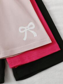 3 PiecesBig Girls Tween Girl Casual Summer Pajama Shorts Featuring Magenta Light Pink And Black Colors With A Delicate Bow Graphic Print On The Leg. These Comfortable Homewear Bottoms Are Crafted From A Soft Knit Fabric Providing A Smooth And Lightweight Feel For Stylish Daily Relaxing Or Cozy Nightwear. - Multicolor - View 7