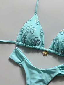 Swim Mod Conjunto de 2 piezas para vacaciones de primavera/verano con estampado aleatorio de cereza, top de bikini triangular con tirantes halter y braguita de bikini, conjunto de traje de baño sexy para mujer - Azul menta - Ver 3