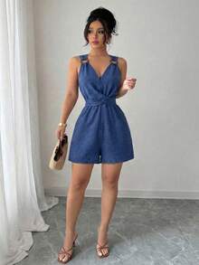 SHEIN LUNE CURVE Women's Spring/Summer Exquisite Elegant Blue V-Neck Small Circle Decor Buckle Design Bow Tie Design Sleeveless Fitted Slim Jumpsuit - Blue - View 6