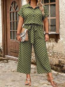 Linhara CURVE Plus Size Women's Polka Dot Shirt Collar Short Sleeve Button Front Tie Decor Jumpsuit - Green - View 3