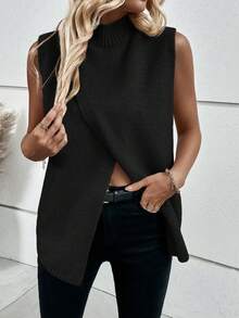 EMERY ROSE 時尚休閒百搭秋冬春季內外兩穿交叉設計女款毛衣背心 - 黑色 - 查看 1