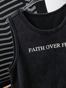 SHEIN 青少年男孩字母印花水洗短袖背心上衣，休閒舒適時尚百搭可愛柔軟，適合日常穿著、上學、外出、運動、節慶與派對 - 黑色 - 查看 7