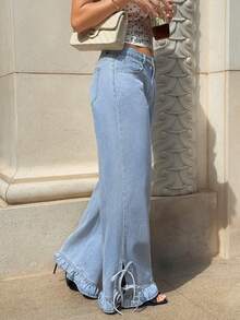Rivivi Women's Summer Low Waist Light Color Split Hem Lace-Up Ruffle Washed Denim Jeans - Light Wash - View 8