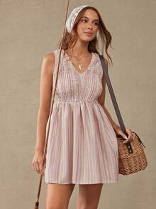 WESTFADE V Neck Smocked Bodice Pleated Sleeveless Striped Fit & Flare Mini Dress Summer, Vacation, Casual, Beach, Country - Multicolor - View 3