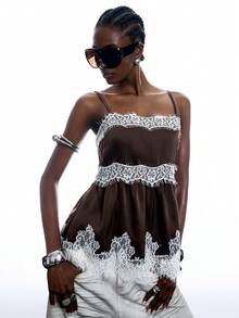 LYSMO Women's Contrast Lace Ruffle Hem Fashion Camisole Tank Top - Coffee Brown - View 7