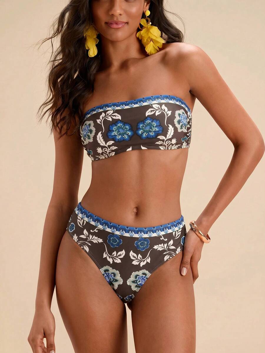 Travachic Women Floral Print Bandeau Bikini Set,Summer Outfits For Women,Swimsuits For Woman,Bathing Suits For Women - Multicolor - View 1