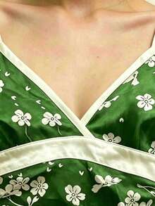 INAWLY 女款花卉印花V領對比飾邊細肩帶背心上衣 度假風 綠色花卉 夏季 Y2K 熱帶風 - 彩色 - 查看 3