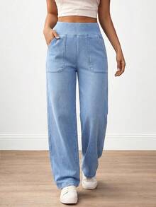 SHEIN 女童/青少年休闲基础款舒适瑜伽健身蓝色针织弹力修身喇叭直筒阔腿牛仔裤，柔软舒适，适合日常穿着，春、夏、秋、冬四季皆宜，适合跑步、慢跑、瑜伽、跳舞等运动。 - 藍色 - 查看 5