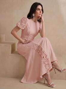 Anewsta Spring/Summer Round Neck Puff Short Sleeve Lace 3D Applique Elegant Romantic Fishtail Hem Women's Dress Tea Party Dusty Pink - Dusty Pink - View 7