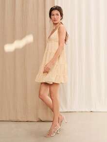 lacRébo Beige Floral Ruffled Mini Dress With Triangle Bust Summer Holiday Casual Cottagecore Romantic Boho French Style Loose Vacation Garden Party - Yellow - View 5