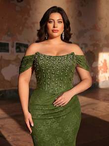 Aureia Plus Size Elegant Sexy Off-Shoulder Luxury Pearl Rhinestone Patchwork French Lace Boning Decor Waist Pleated Fitted Mermaid Hem With Train Heavy Work Evening Gown (Heavy Work Design) - Army Green - View 3