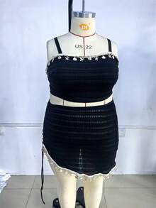 SHEIN CURVE+ 2026新款大尺碼女裝泳衣，特殊面料貝殼裝飾平口高腰開衩泳衣，復古海灘度假大尺碼比基尼 - 黑色 - 查看 7