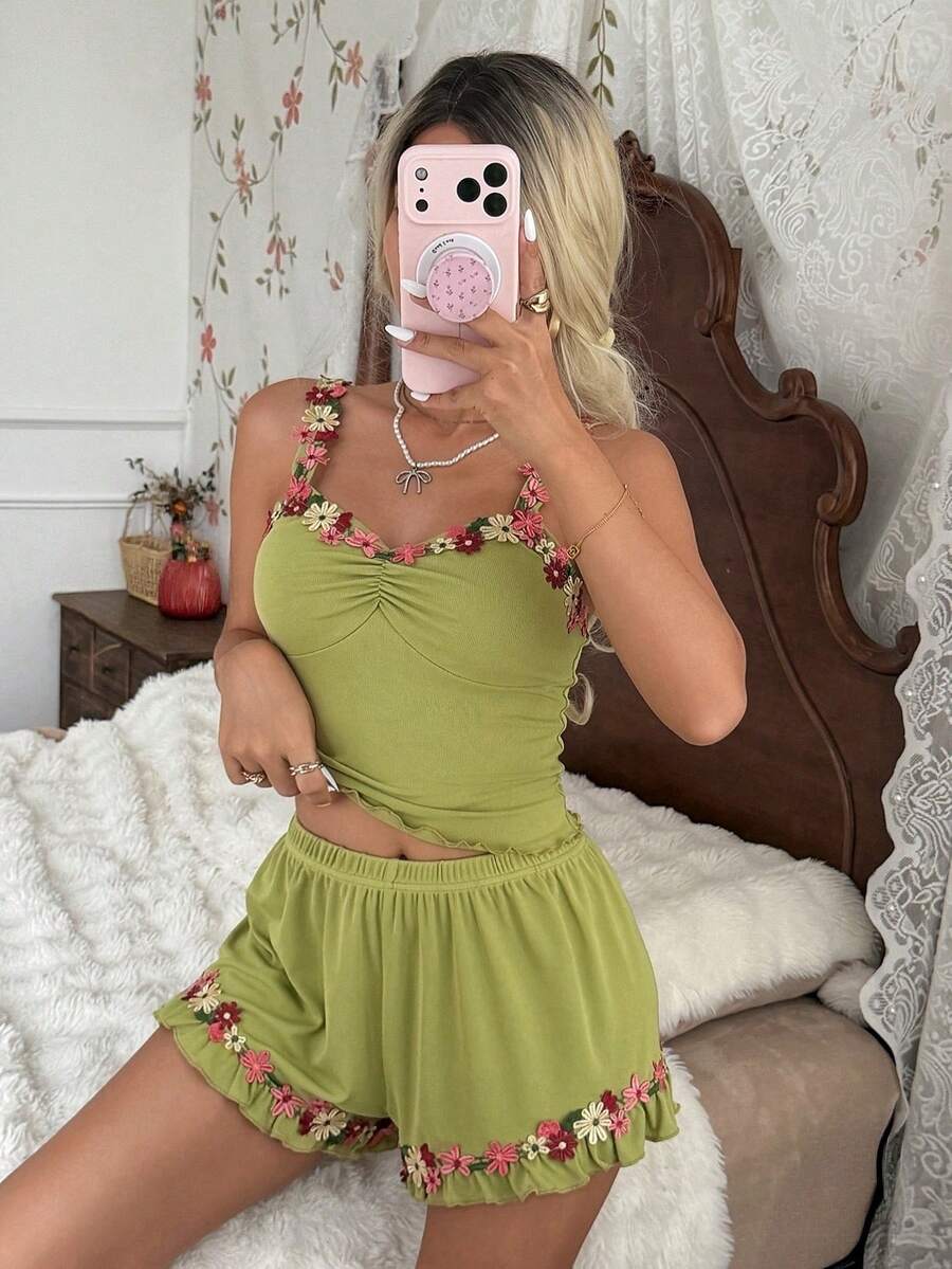 CottageSlumber Brightening Light Green Embroidered Lace Trim Cami Top And Long Pants Loungewear Set - Green - View 1