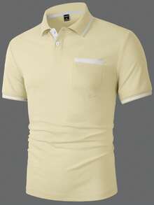 Manfinity Homme Men's Button Half-Placket Short Sleeve Chest Pocket Versatile Polo Shirt, Formal - Light Yellow - View 6