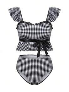 ROMWE Avant Women's Plaid Ruffle Hem Tankini Swimwear Set For Beach Beach Party Holiday Black Summer Cute - Multicolor - View 3