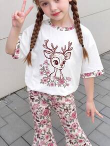2件套女童卡通动物印花针织柔软圆领短袖上衣和松紧腰裤套装 - 彩色 - 查看 3