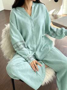DAZY 2pcs/Set Loose Cardigan Long Sleeve Straight Leg Long Pajama Pants Spring Outfit Women's Sleepwear Set - Green - View 3