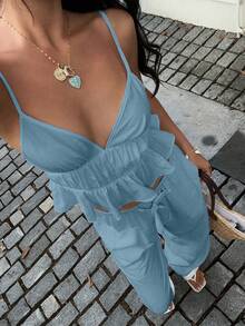 2-Piece Set Of White Linen Tank Top With V-Neck And Ruffled Hem, And Low-Waisted Fringed Trousers, Dress Set - White - View 4