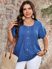 EMERY ROSE Plus Size Women's Summer Navy Blue Boho Casual Vacation Top Puff Sleeve Single-Breasted Pleated Design Faux Denim Midi Holiday Beach Office Date Night - Blue - View 5