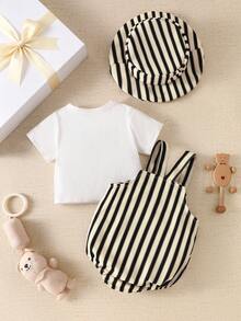 SHEIN Set estivo a 3 pezzi per neonati: body a girocollo bianco puro a maniche corte abbinato a un tutina a righe nere e albicocca con stampa di orsetti e tasche testurizzate, con cappellino da pescatore. Carino e casual, con vestibilità morbida e comoda, perfetto per uscite, raduni, vacanze e servizi fotografici. - Bianco e nero - Visualizzare 4