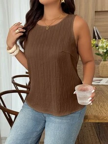 Weeklong Plus Size Women Spring/Summer Sleeveless Textured Fabric Ruffle Trim Decorative Casual Vacation Blouse Tank Top - Brown - View 3