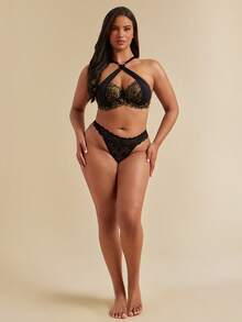SHEIN BAE CURVE 1 قطعة حمالة صدر بتصميم الدانتيل والرقع مع سلك داخلي مقاس كبير - الأسود - مشاهدة 3