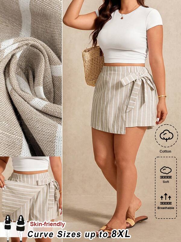 SHEIN CURVE+ Falda corta casual con nudo lateral a rayas para mujer de talla grande, shorts a rayas para mujer, vestido corto para mujer, shorts de verano para mujer