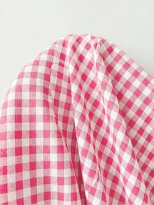 SHEIN EZwear 休閒簡約棉感粉色野餐格紋編織女款襯衫，適合夏季、夏季上衣，適用於日常通勤、約會、聚會、秋冬/夏季、聖誕節、新年、感恩節、派對、婚禮、海灘、畢業典禮、時尚、優雅、休閒、外出、約會、預約、通勤、亮面、情人節 - 粉色 - 查看 4