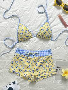 Swim Mod 夏季海灘休閒度假配色拼接掛脖綁帶上衣 + 拼接腰帶前蝴蝶結兩件套 夏季可愛度假套裝 - 彩色 - 查看 1