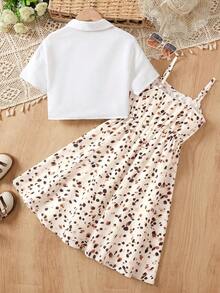 SHEIN Tween Girl Solid Textured Button Short Sleeve Shirt And Printed Cami Dress Set - Multicolor - View 2