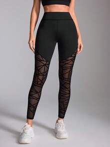 Easithlete Quần legging nữ cạp cao phối mảng lưới hình học, quần legging tập luyện lưới xuyên thấu đan chéo gợi cảm, quần yoga nâng mông & kiểm soát bụng - màu đen - Xem 5